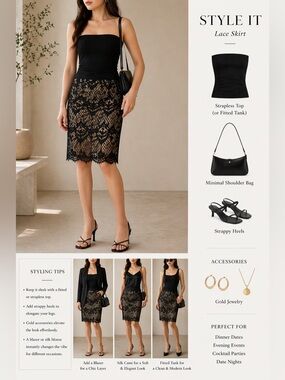 Black Lace Overlay Pencil Skirt - Women's Stretch Elegant Party Chic XL